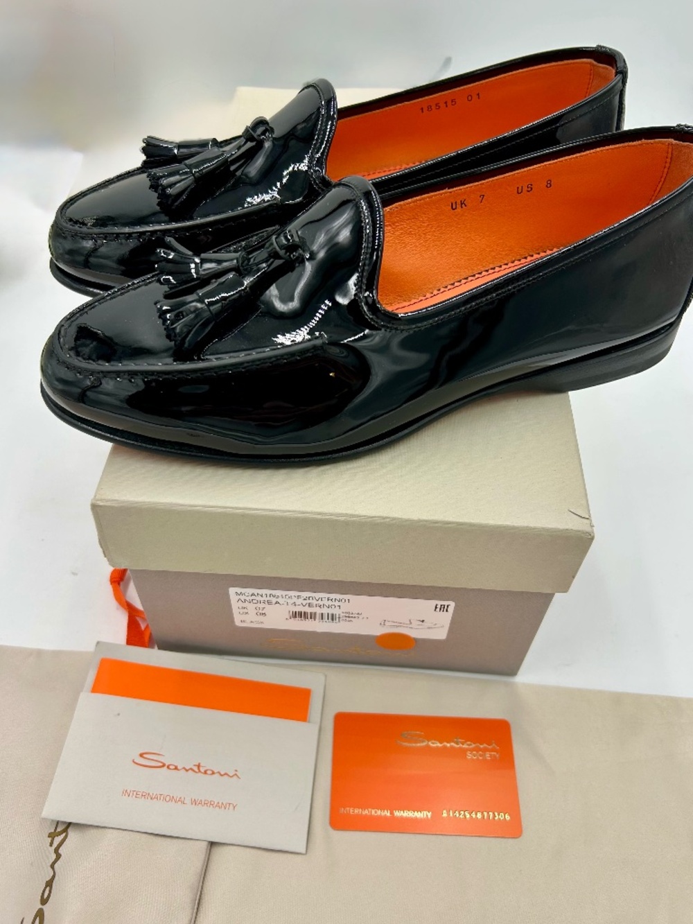 Men’s Santoni Black Patent Leather Tassel Loafers. Size 8. Made in Italy.
